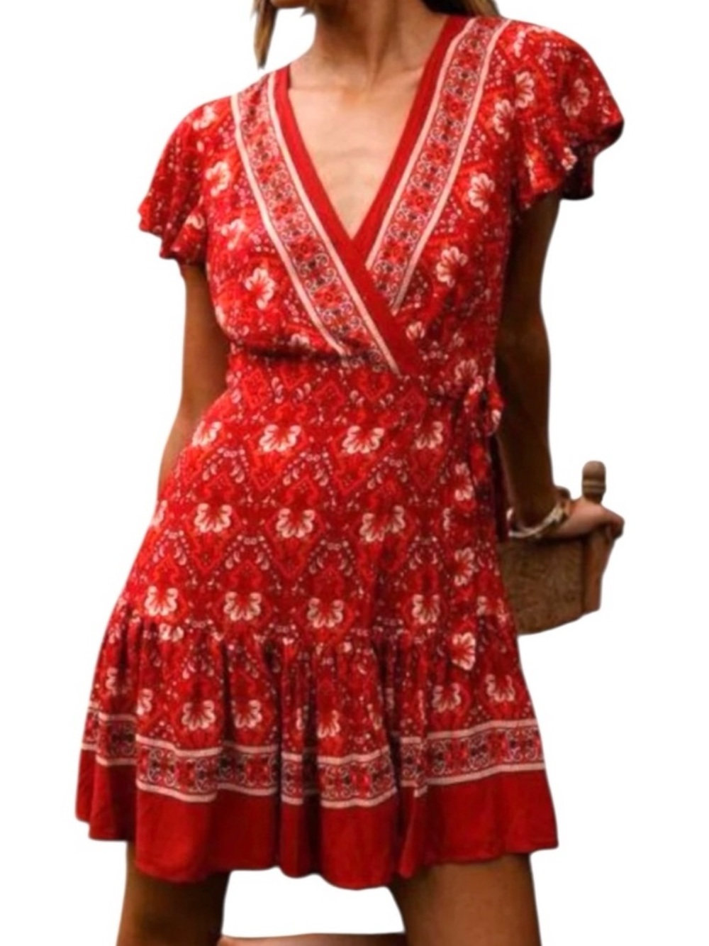 Zesica Red Boho Wrap Dress Size Large
